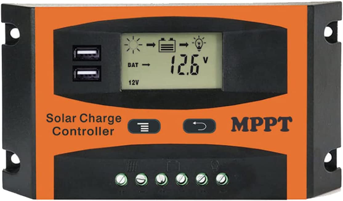 Controlador de carga solar MPPT de 30A, regulador inteligente de panel solar de 12 V/24V, USB dual y pantalla LCD