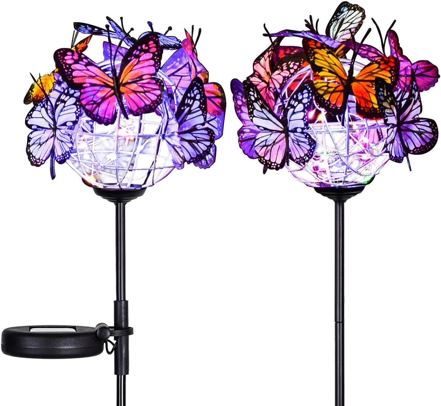 Doingart - Adorno solar para jardín, paquete de 2 luces de estaca adornadas con 18 mariposas y cordón de cobre, multicolor