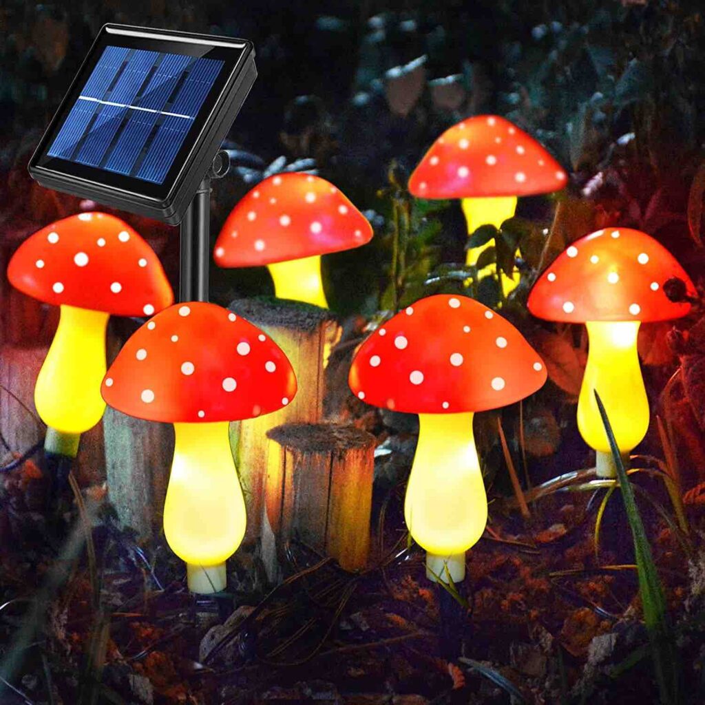 Figuritas de hongos decorativos con luz solar