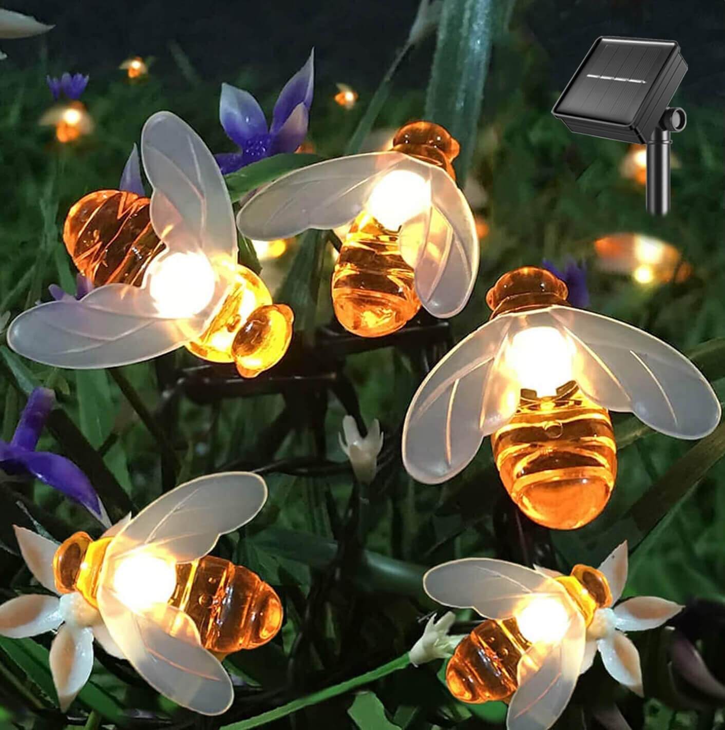SEMILITS Guirnalda de abejas solares de 20 luces LED impermeables