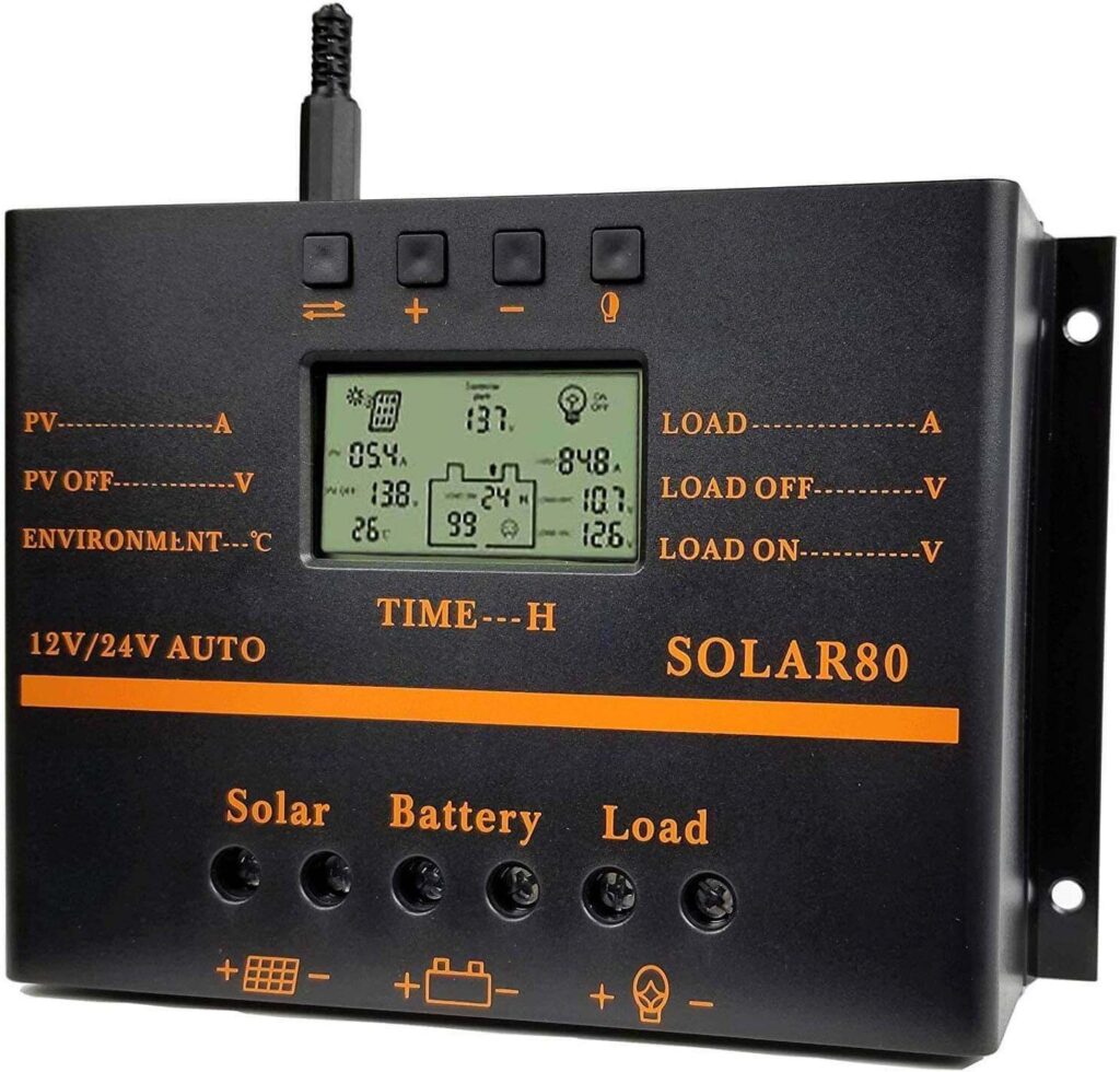 ZHCSolar Controlador de carga solar de 80A, 12V, 24V, PWM, 1920W máx.