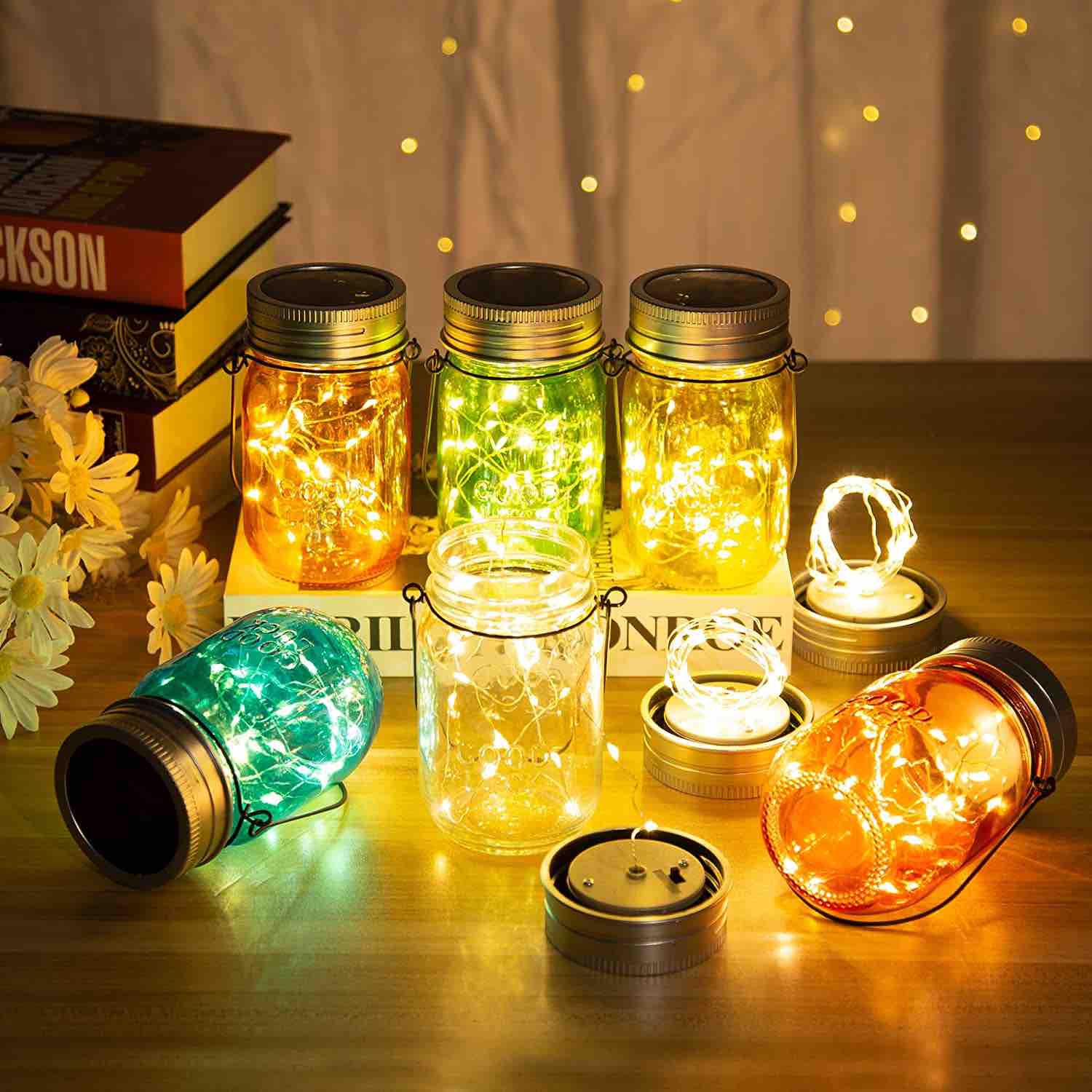 GIGALUMI Luces solares multicolor en tarro de cristal, paquete de 6 unidades de 30 luces LED (ganchos y tarros incluidos)