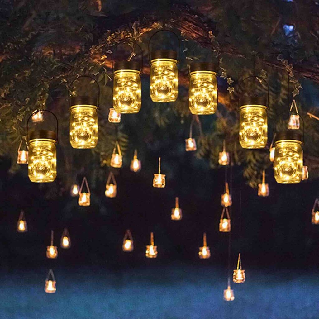 Tarros solares decorativos de 30 LEDs, pack de 6 con tarros y ganchos