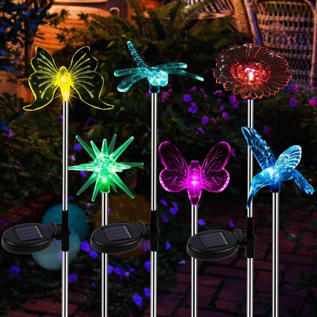 Pack de 6 luces solares con paisaje que cambia de color, flor de estrella brillante, colibrí, mariposa, libélula