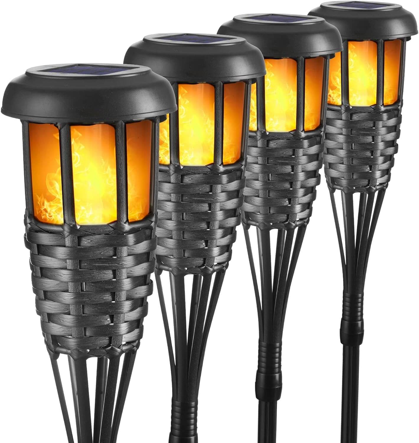 Antorcha solar con llama parpadeante, 4 antorchas de bambú impermeables tejidas a mano de ratán (color negro)