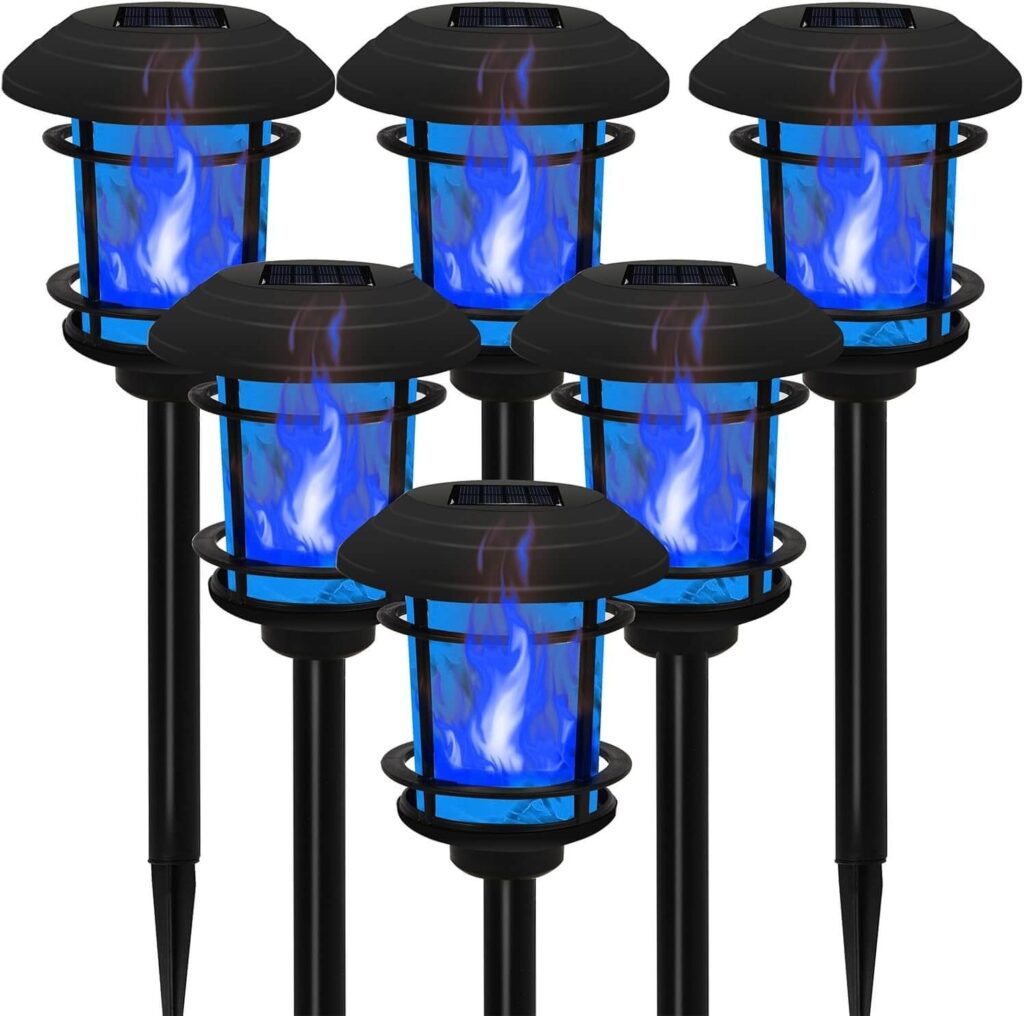 Dynaming Paquete de 6 luces solares de camino de llama de Halloween, luz de antorcha de llama azul parpadeante