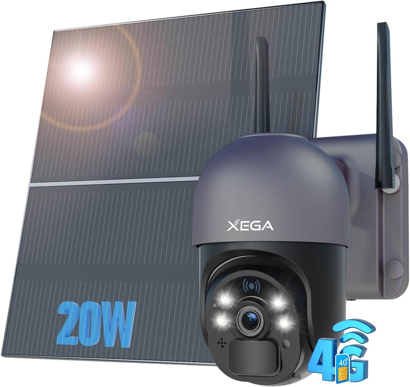 Xega 4G - Cámara Solar de Vigilancia Exterior con Tarjeta SIM, 20W, 20.000 mAh, 2K Zoom, PTZ 355°/90°,Visión Nocturna a Color, Detección De Movimiento, IP66, Clase A+++