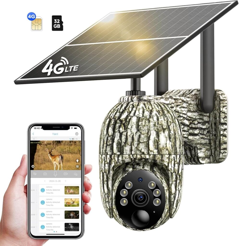 NUASI 4G - Cámara Vigilancia Exterior Solar para fototrampeo, Tarjeta SIM, 360°, 2K, Visión Nocturna a Color, PIR, Audio de 2 vías, IP66, 32GB