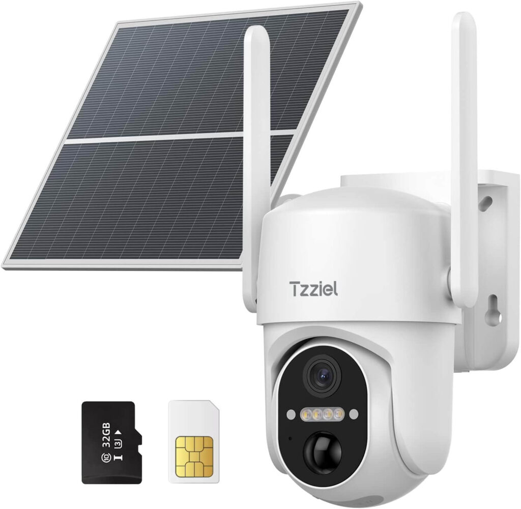 Tzziel 3G/4G LTE - Cámara Vigilancia Exterior Solar, 2K, Visión Nocturna a Color, Detección de Movimiento, Sirena, Audio Bidireccional, IP66, Memoria 32GB y Tarjeta SIM