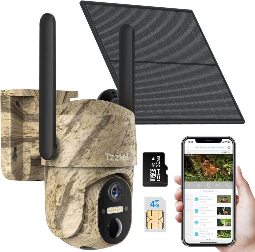 Tzziel 3G/4G LTE - Cámara fototrampeo de Vigilancia Exterior con Batería y panel Solar, 2K Visión Nocturna a Color, PIR, IP66