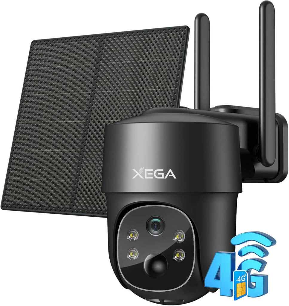 Xega 4G LTE - Cámara Vigilancia Exterior Solar con Sim, 4G, 2K HD PTZ 355°/90°, Visión Nocturna, Detección De Movimiento, Almacenamiento Local y Cloud, IP66, Clase A+++