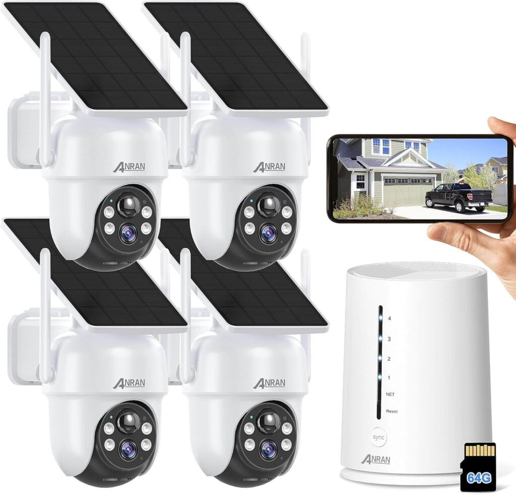 ANRAN 4MP - Kit Cámara de Vigilancia WiFi Exterior, Bateria con Panel Solar, Homebase con Tarjeta SD 64GB, 3K, Visión Nocturna, Audio 2 vías, IP66 Impermeable