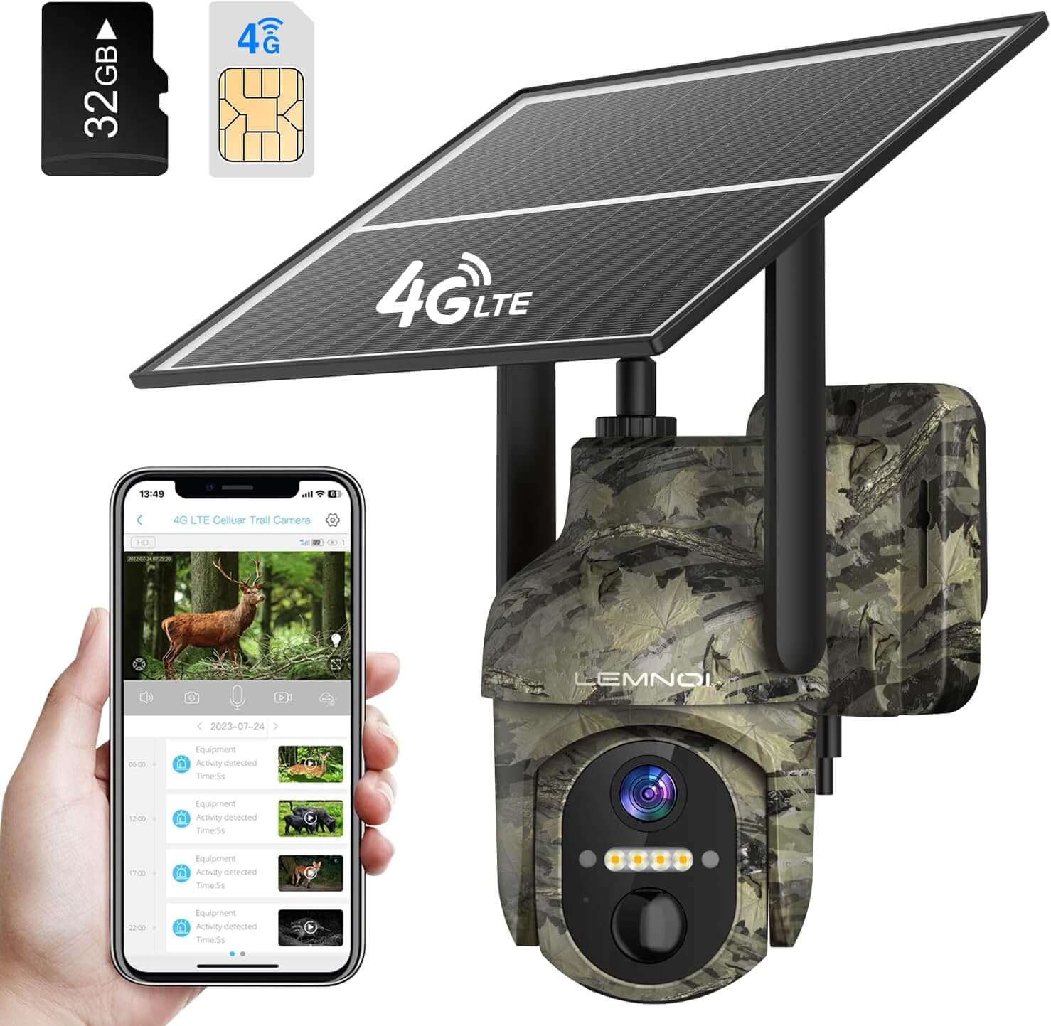 LEMNOI - Cámara Vigilancia 4G Exterior Solar con Tarjeta SIM, 2K, Fototrampeo, Visión Nocturna, Detección de Movimiento, 360°, Audio Bidireccional, IP66,