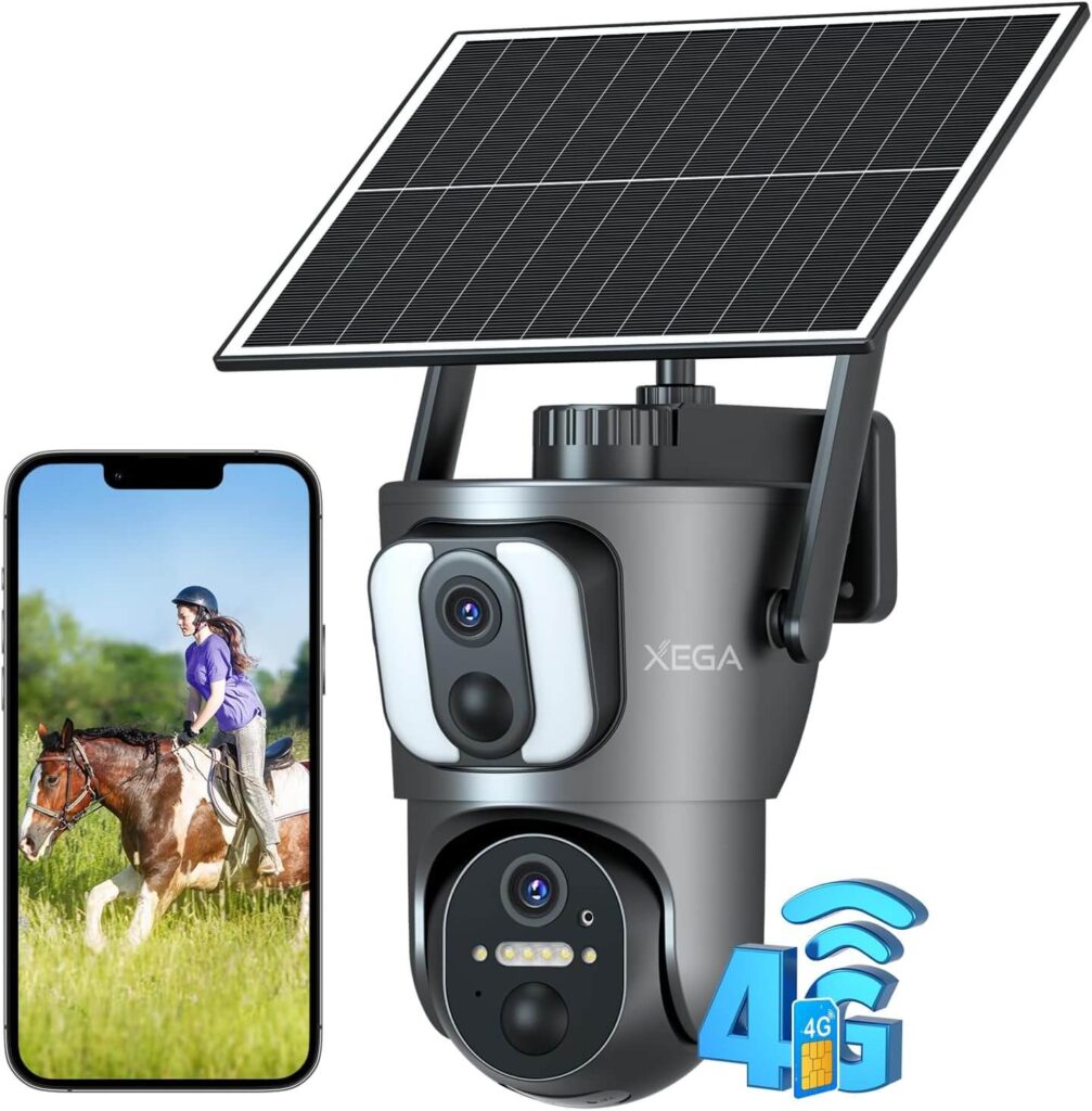 Xega 4G - Cámara Solar Exterior con Sim, Doble Lente, 14400mAh LTE, 2K HD, PTZ 355°/100°, Detección Humana, Visión Nocturna, Alarma con Luz y Sonido, IP66