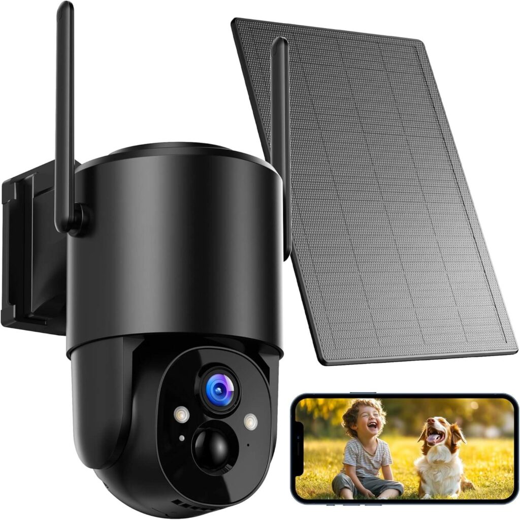 Cámara Solar WiFi Exterior Interior, 2K 360° PTZ, Cámara de Seguridad Inalámbrica con Visión Nocturna a Color, Sirena, IP66