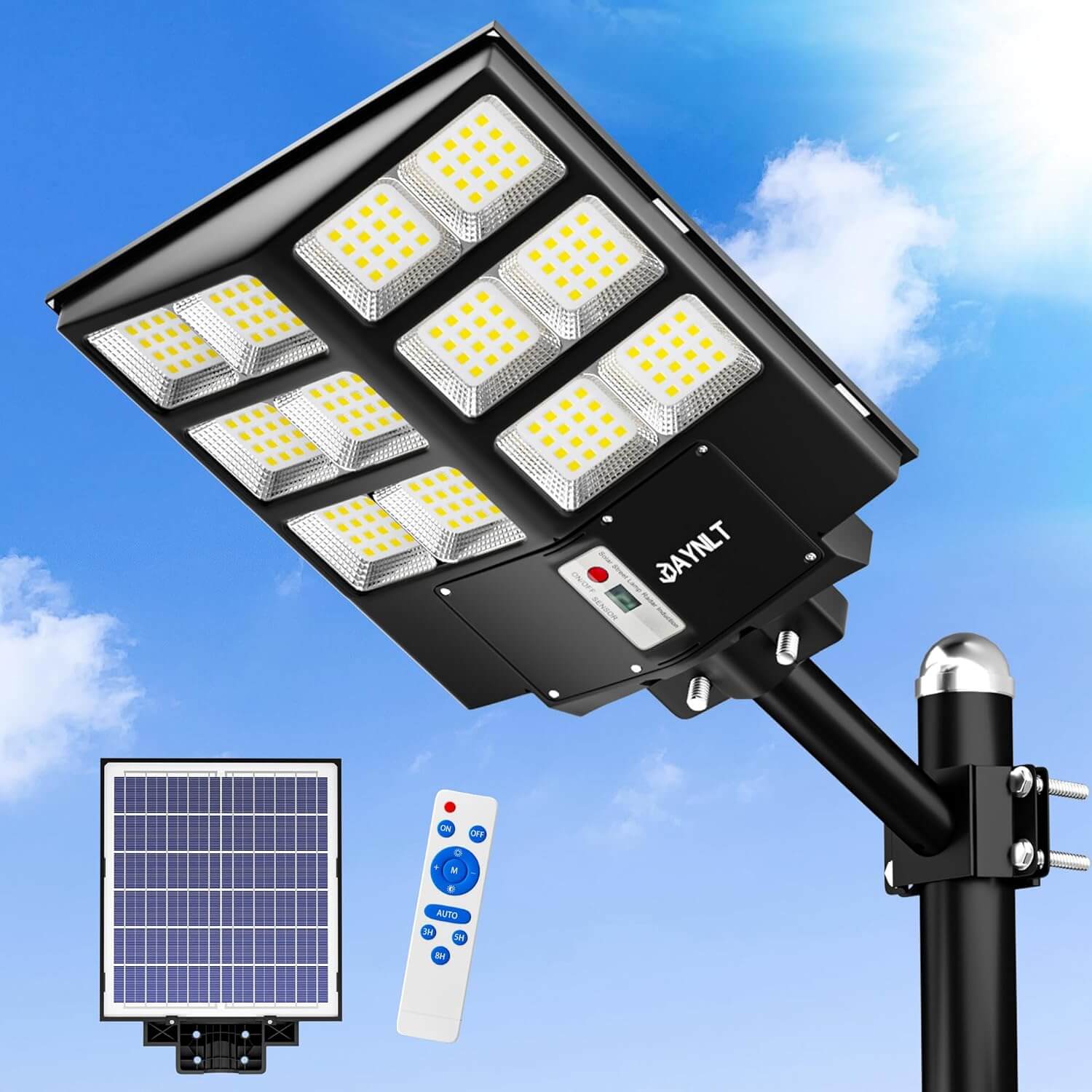 JAYNLT 2000W Farola Solare de Exterior, 60000LM Luz para Jardín Exterior Potente, 6500K, IP67 Impermeables, con Sensor de Movimiento