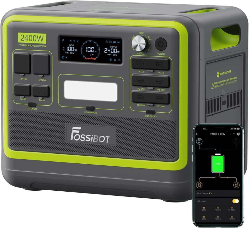 FOSSiBOT F2400 Estacion de Energia Portatil, Batería LiFePO4 2048 Wh, 3 Tomas de CA Para un Total de 2400W de Potencia