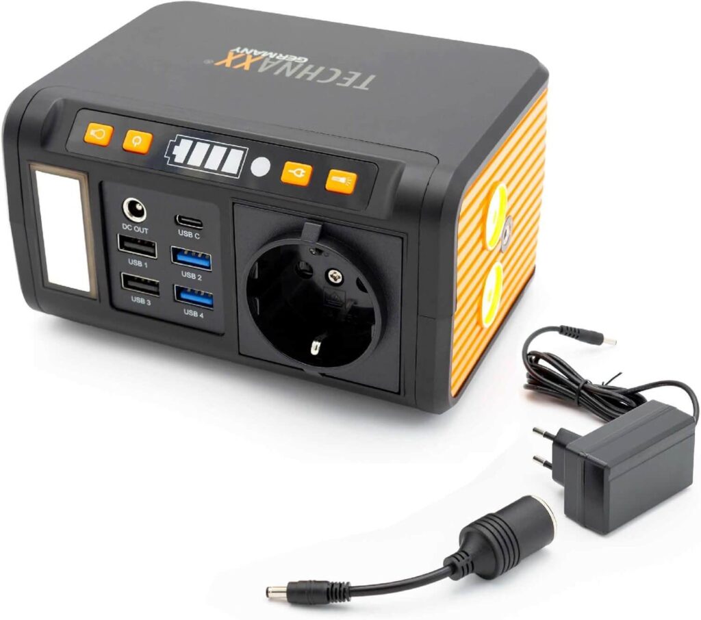 Mini estación de energía TX-205 de Technaxx - Power bank de 74Wh 230V con enchufe incorporado, compatible con cargadores solares