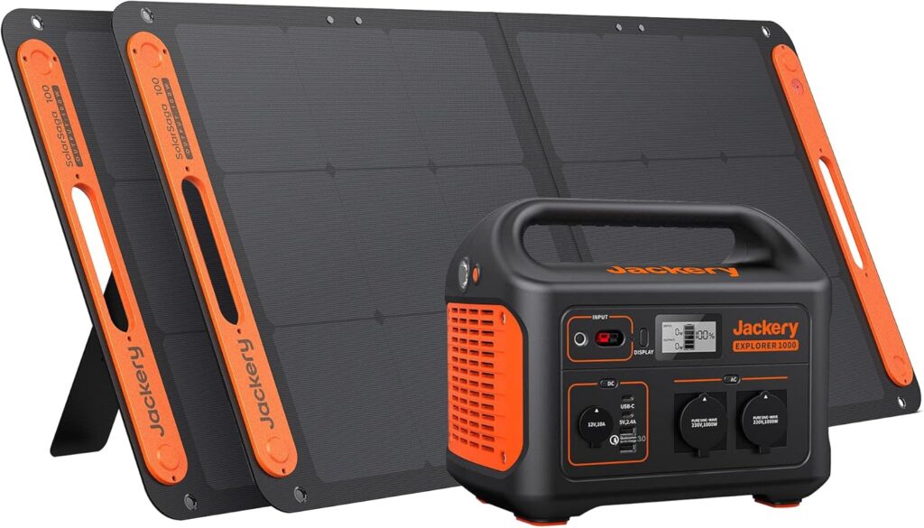 Generador solar Jackery 1000, estación de energía 1002Wh con 2 Paneles solares SolarSaga 100W, baterías de litio solar móvil para acampar en exteriores