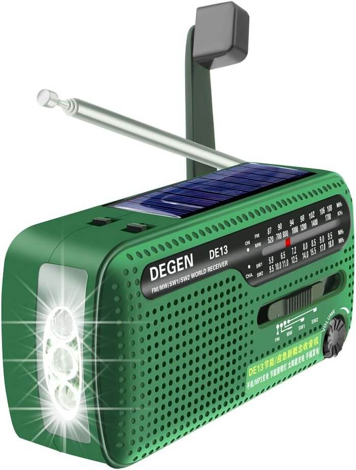 DE13 Radio Solar de Emergencia con Manivela, FM/Am/SW, Linterna, Lámpara de Campamento para Apagón