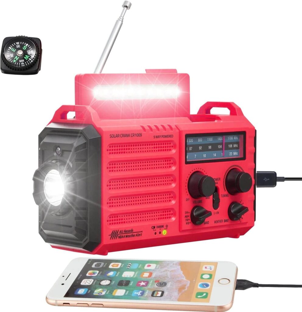 Radio Meteorológica de 5 Vías para Emergencias Domésticas al Aire Libre, Am/FM/SW y Alarma SOS, Energía Solar, Manivela de Dinamo Manual, Linterna y Brújula
