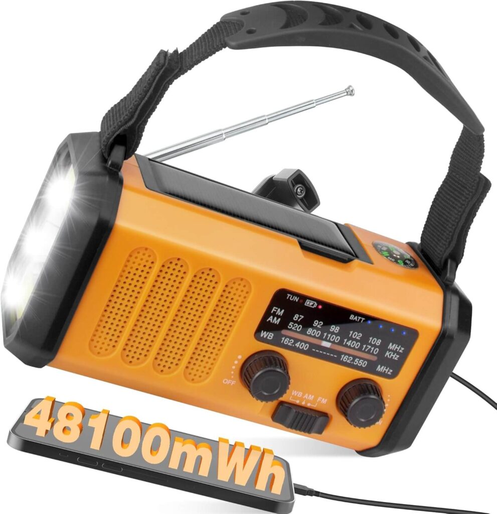 Radio Meteorológica de Manivela Solar, 10000mAh, Radio de Supervivencia y Emergencia Portátil, AM FM de 4 vías, Cargador USB, Dynamo, Linterna de Camping 700LM, SOS, Brújula