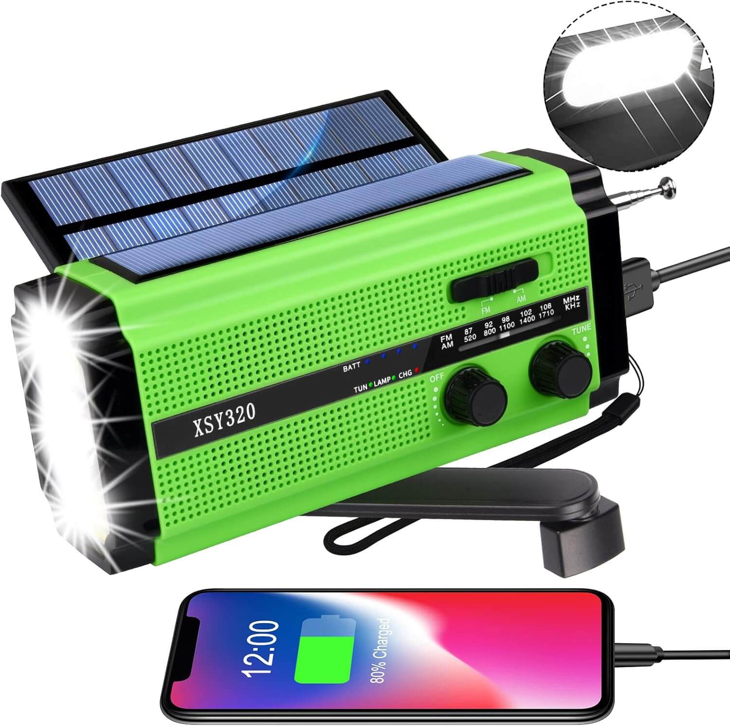 YIKANWEN Radio Solar Portátil, Radio Am/FM con Manivela y Batería Recargable 5000mAh, Linterna LED, Luz de Lectura y Alarma SOS