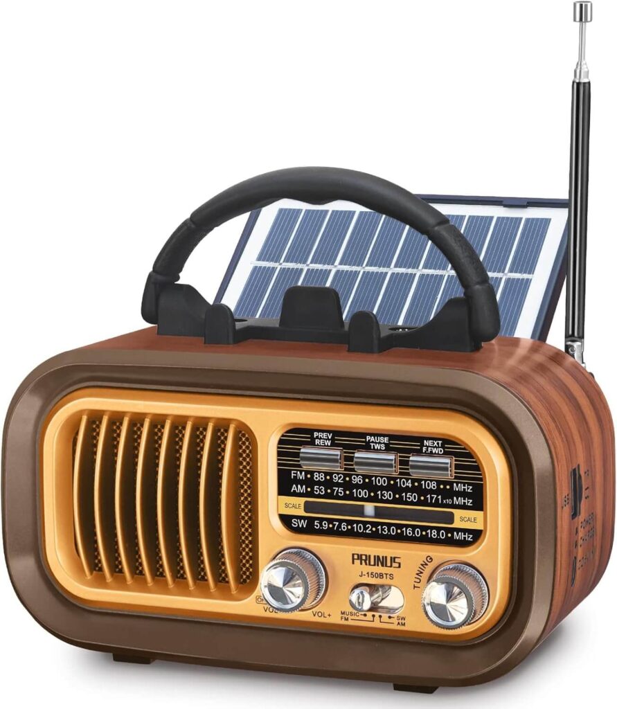 PRUNUS J-150 Radio Vintage Retro FM/Am/SW, Mini Radio Solar Recargable de 1200mAh, Puede Funcionar con 2 Pilas D, Bluetooth, Reproductor memoria USB/TF