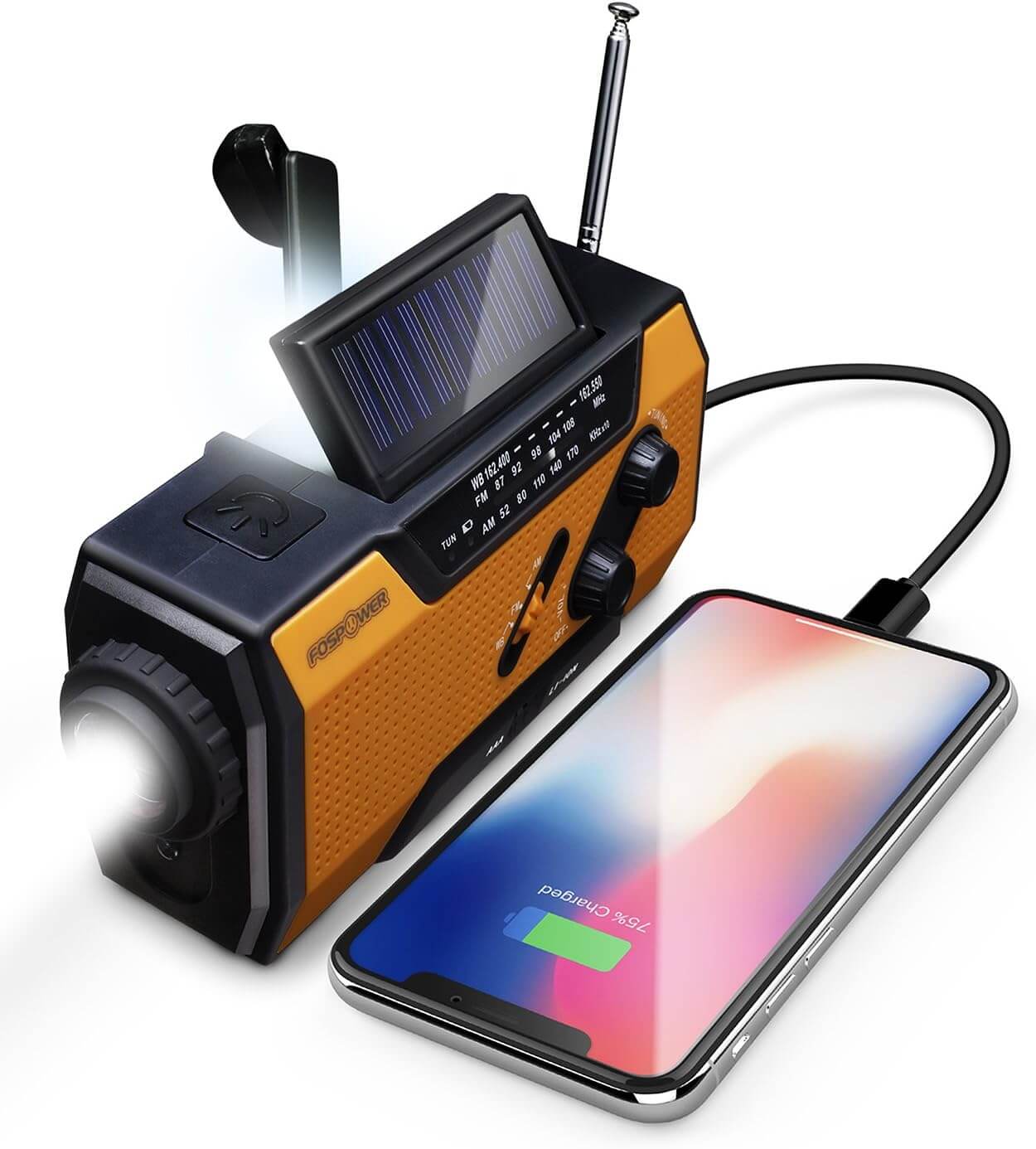 FosPower - Radio Portátil de Emergencia con Manivela, Panel Solar y Batería de 2000mAh, Alarma SOS, Linterna y Lámpara de Lectura, Am/FM