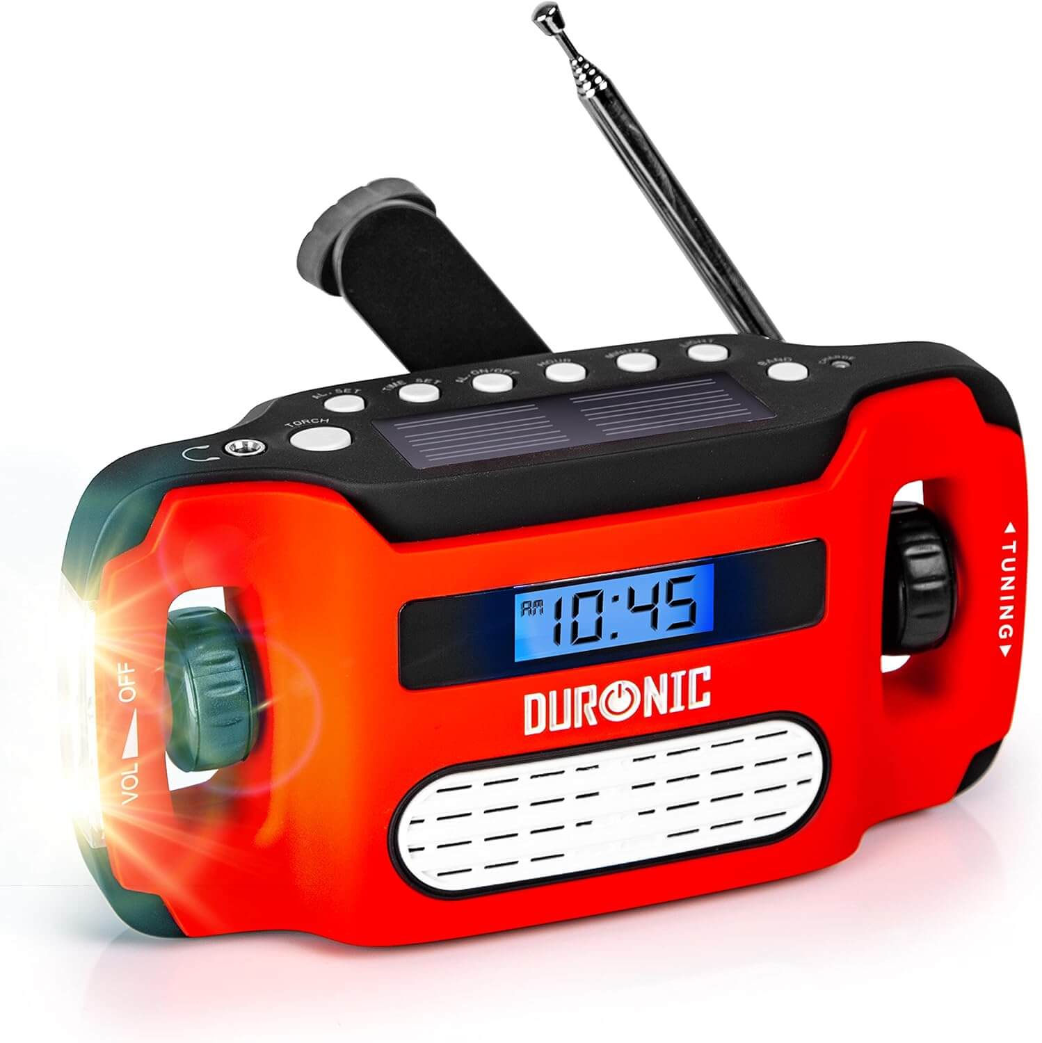 Duronic Apex Radio Solar, Am FM, Dinamo, Linterna integrada, Conector de Auriculares, Diseño Vintage